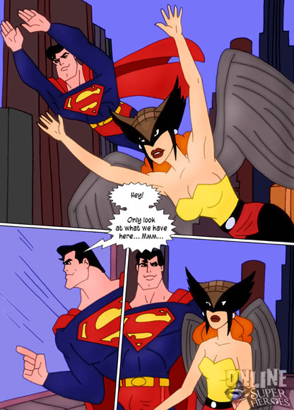 Superman and Hawkwoman witness a threesome